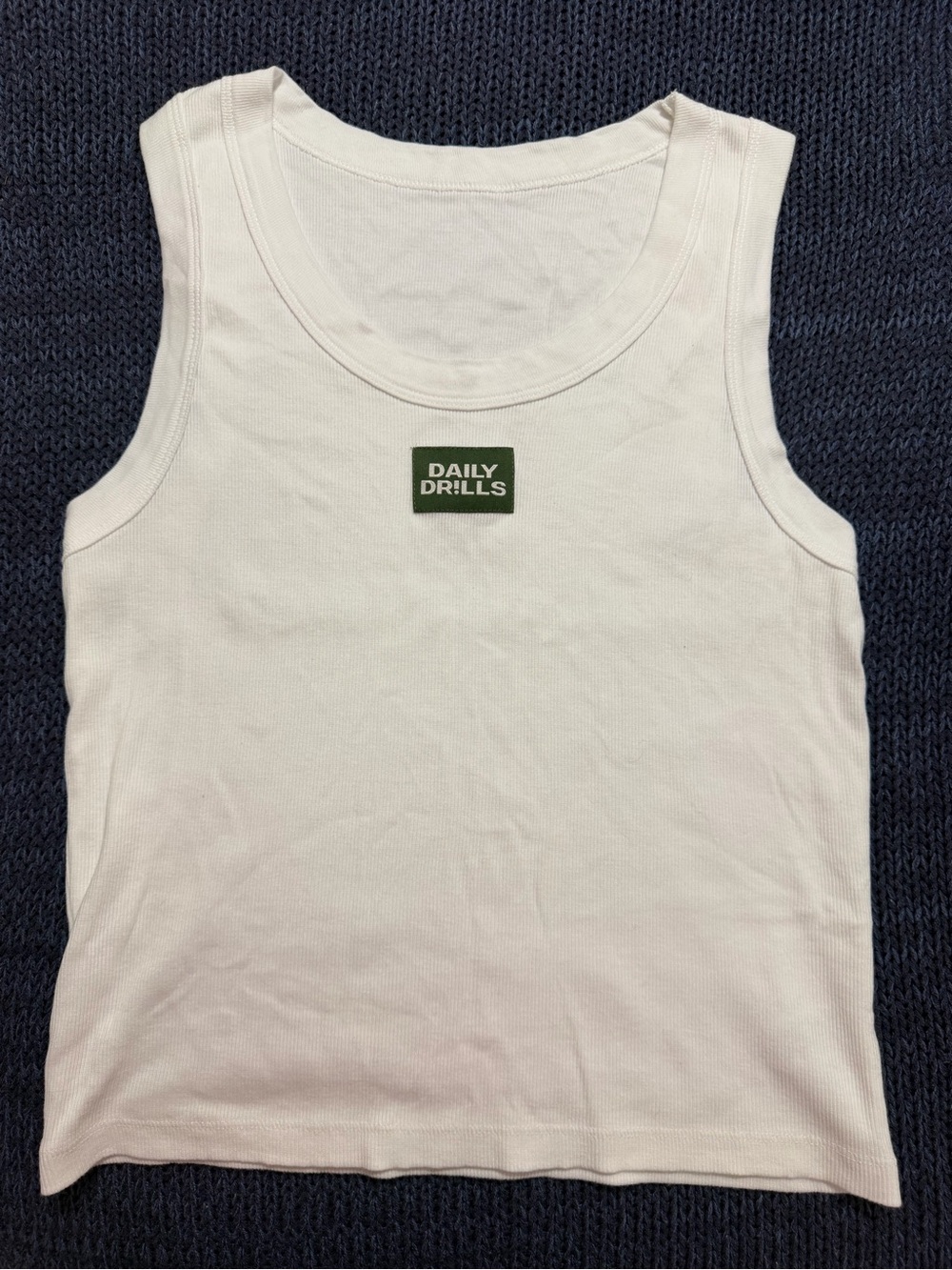 Daily Drills White Ribbed Tank with Green Logo Patch